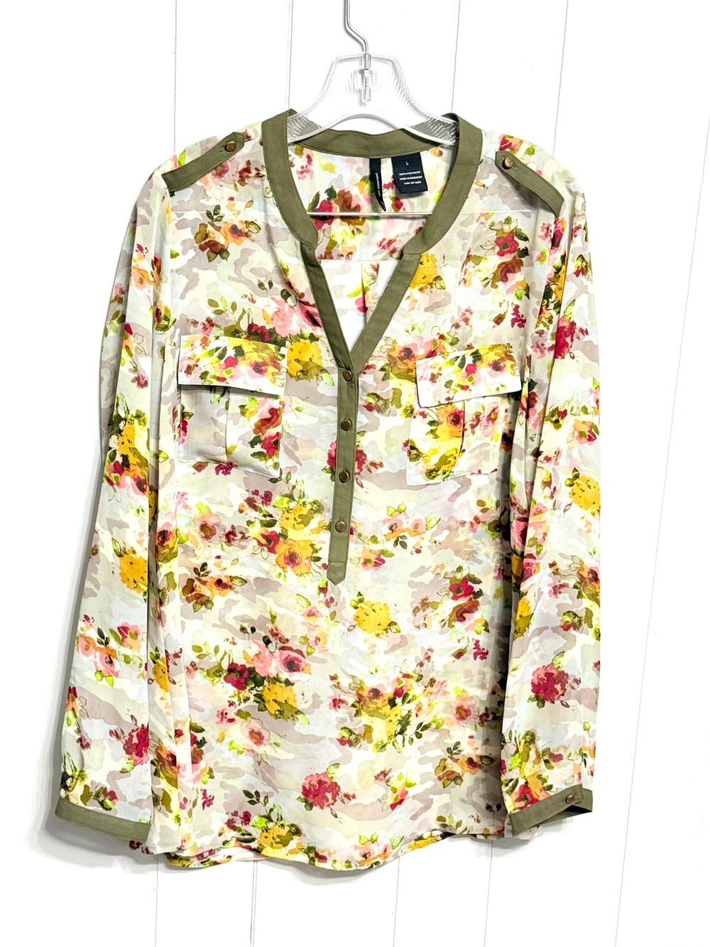 #19) Floral Print Long-Sleeve Henley Top - Olive Trim